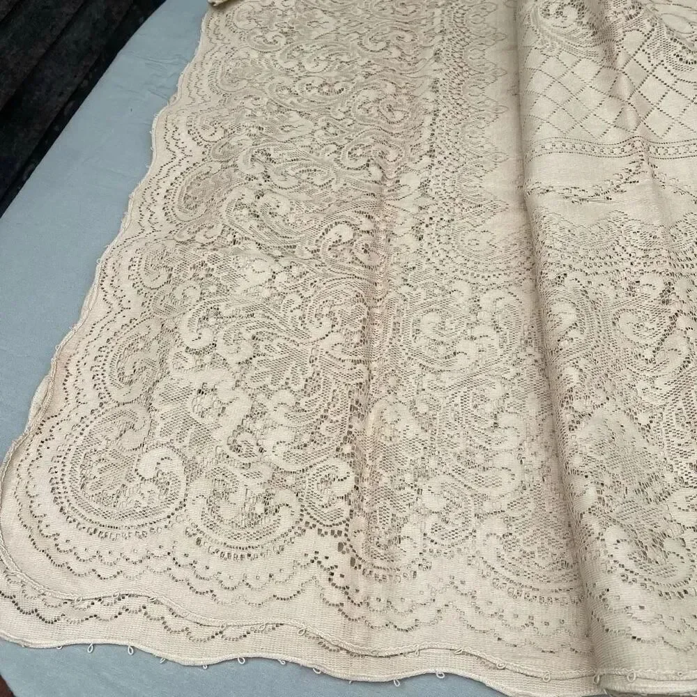 Vintage Pennicraft cream tan colored lace table cloth rectangle 84” x 64”.